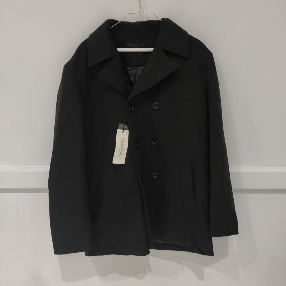 NWT Chou Yatou Men's Double Breasted Wool Blend Pea Coat Black Size M $140 BB343